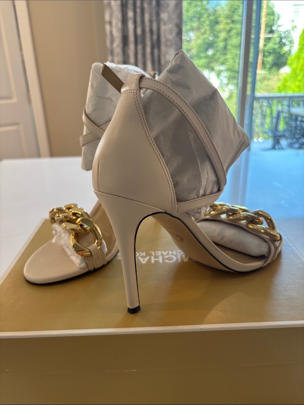 Michael Kors Cream Stiletto Sandal with Gold Chain Accent - Picture 4 of 9